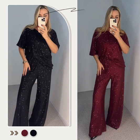 GlimmerFlow Set™ | Top met ronde hals en pailletten & wijde broek