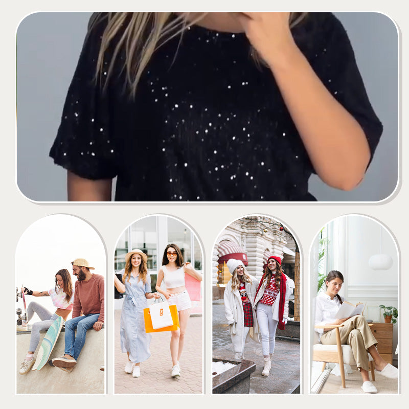 GlimmerFlow Set™ | Top met ronde hals en pailletten & wijde broek