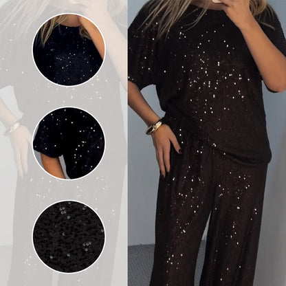 GlimmerFlow Set™ | Top met ronde hals en pailletten & wijde broek