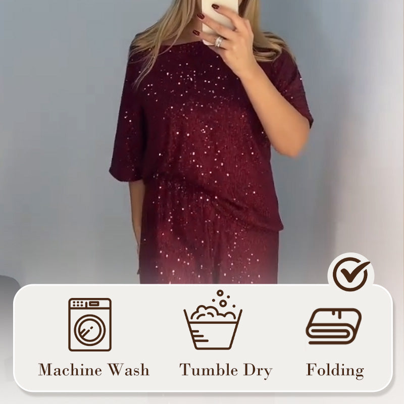 GlimmerFlow Set™ | Top met ronde hals en pailletten & wijde broek