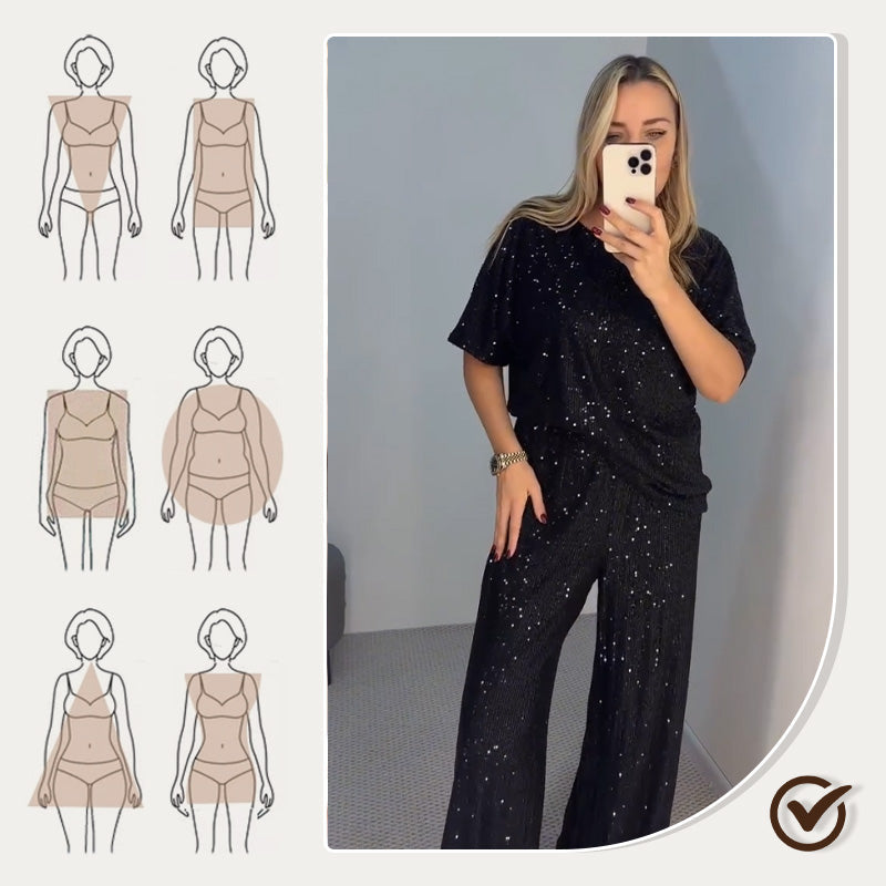 GlimmerFlow Set™ | Top met ronde hals en pailletten & wijde broek