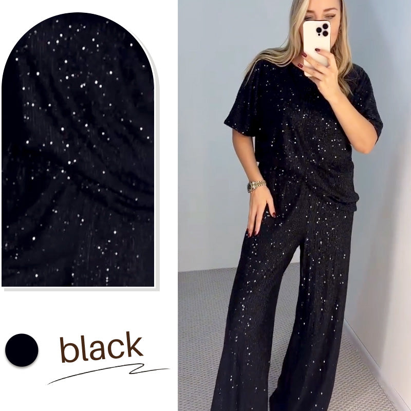 GlimmerFlow Set™ | Top met ronde hals en pailletten & wijde broek