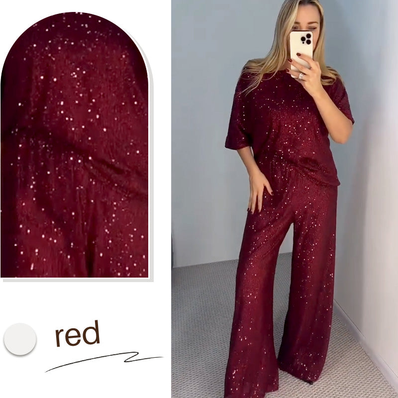 GlimmerFlow Set™ | Top met ronde hals en pailletten & wijde broek