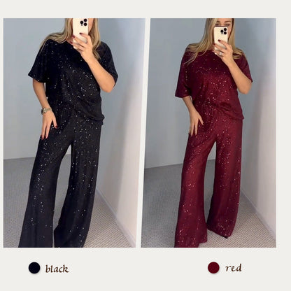GlimmerFlow Set™ | Top met ronde hals en pailletten & wijde broek
